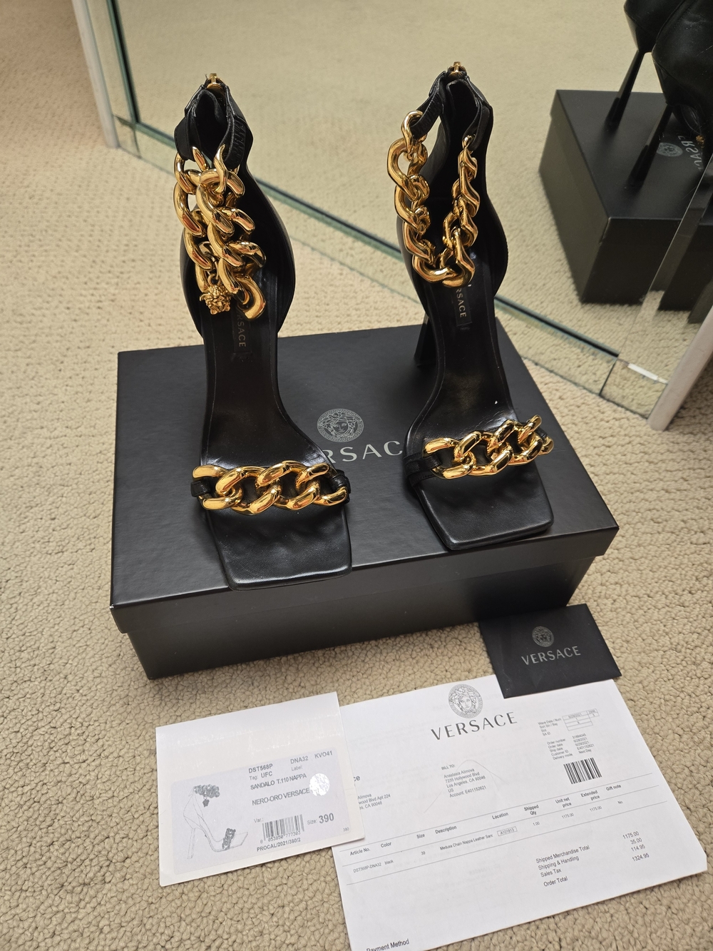 Versace Black Leather Chain-Embellished High Heel Sandals